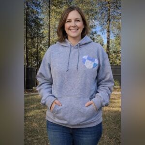 Upcycled Valentine Gray Hoodie with Blue Heart Patch